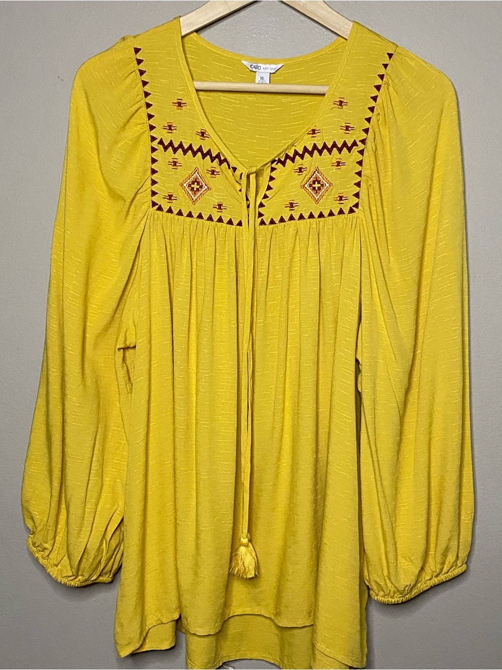 Cato Mustard Yellow Geometric Embroidered Top Women XL Peasant Boho Puff Sleeves